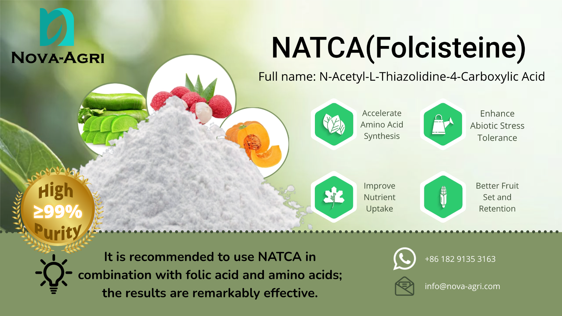 Infographic detailing how Folcisteine NATCA 99% TC acts as a metabolic biostimulant for crop stress defense and yield performance