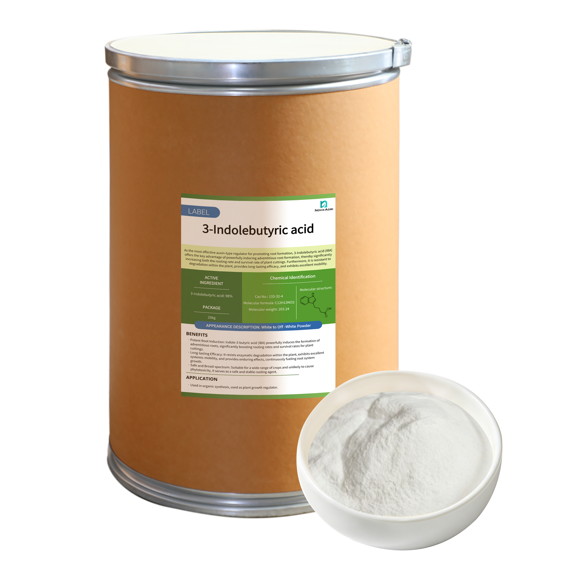 Bulk IBA 98% TC Indole-3-Butyric Acid white powder rooting hormone packed in 25kg fiber drum from wholesale manufacturer.