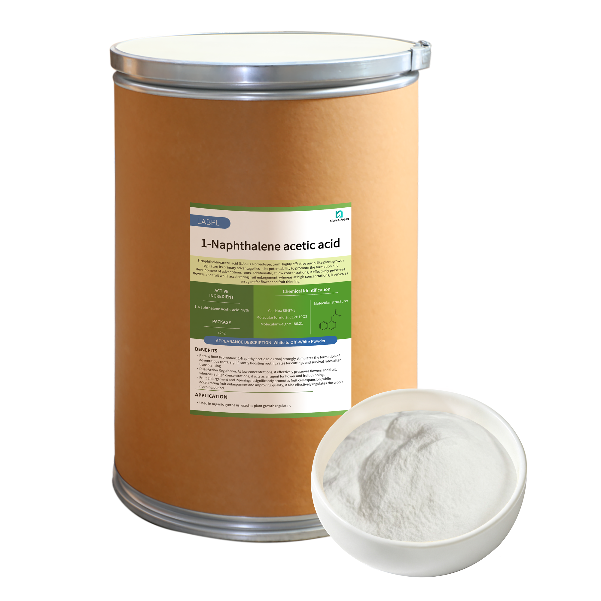 High purity 1-Naphthaleneacetic Acid 98% TC white powder plant growth regulator in 25kg drum packaging.