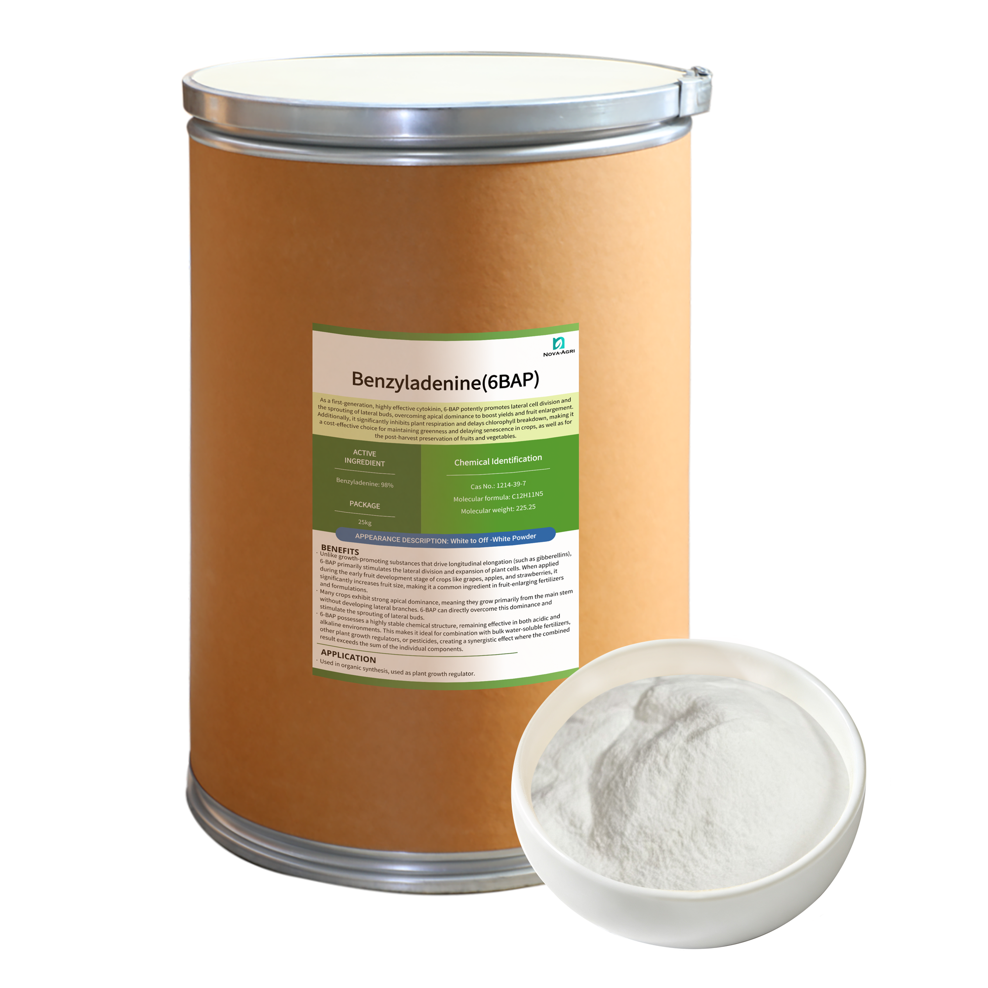 High purity 6-Benzylaminopurine 98% TC white crystalline powder plant growth regulator in 25kg drum packaging.