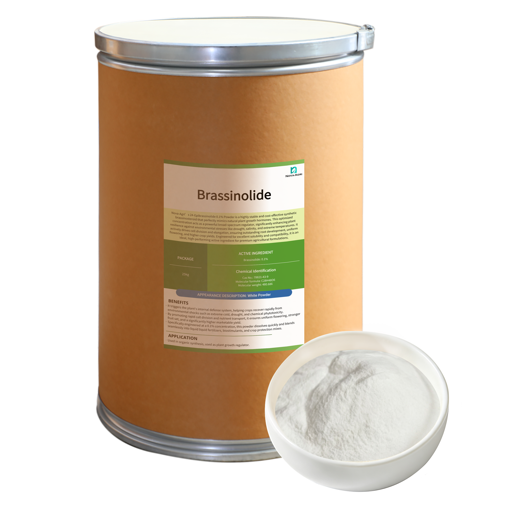 Bulk supply of Brassinolide 0.1% SP soluble powder biostimulant packed in 25kg drum from agrochemical factory manufacturer.